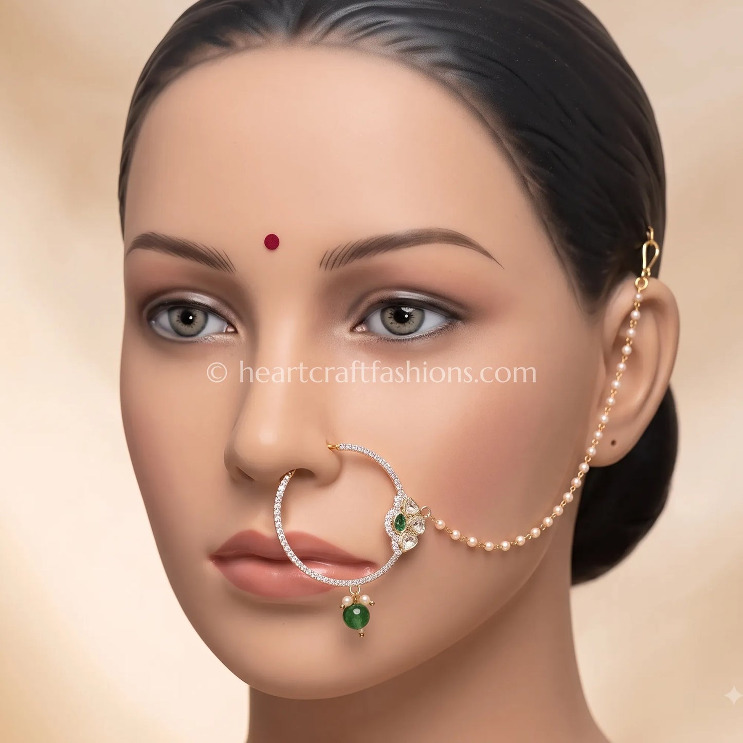 Emerald Green Sunehri Kundan Ring Nath with Pearl Chain