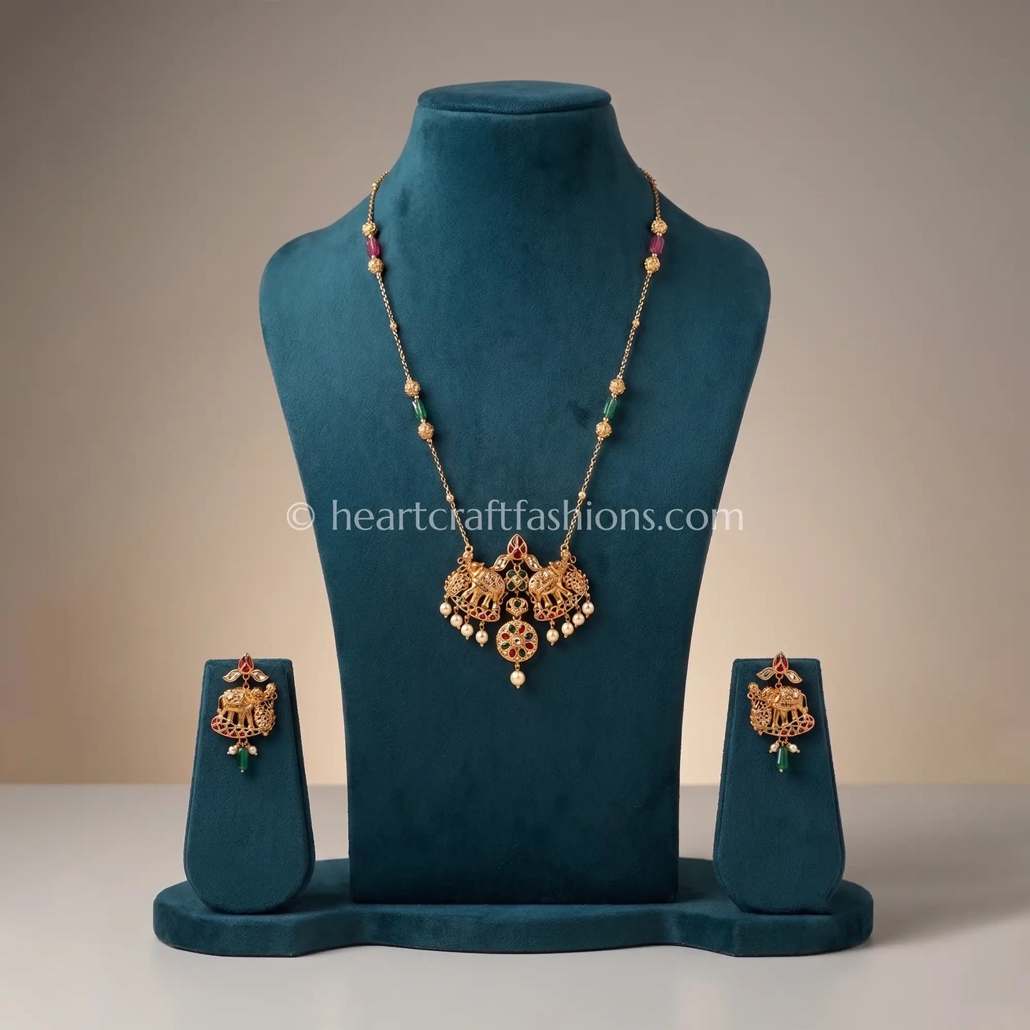 Emerald Ruby Amrapali Elephant Pendant Set