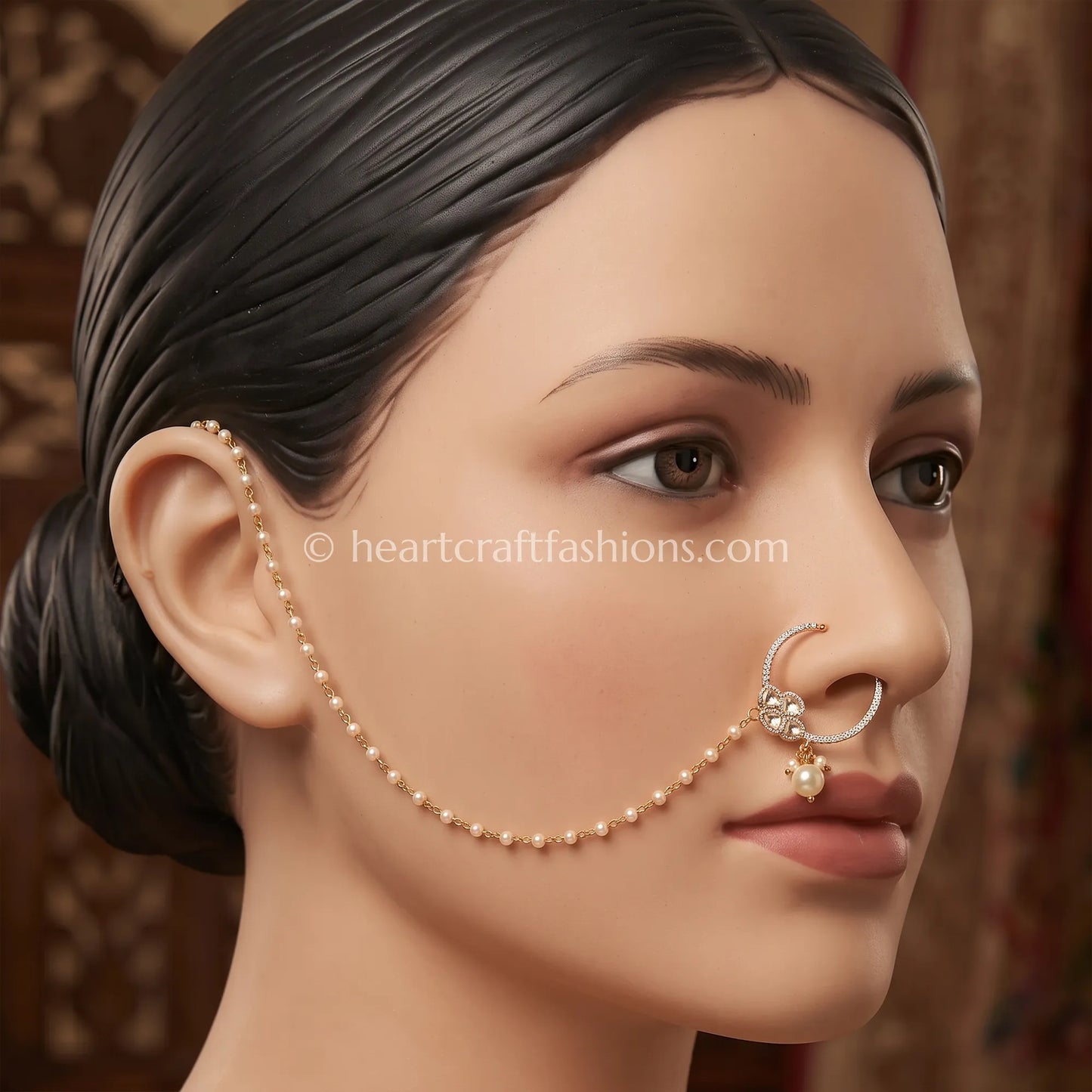 Classic Pearl Sunehri Kundan Ring Nath with Pearl Chain