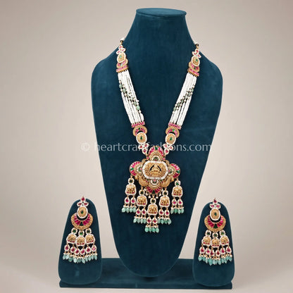 Divine Lakshmi Temple Multi-Strand Pearl Long Necklace Set