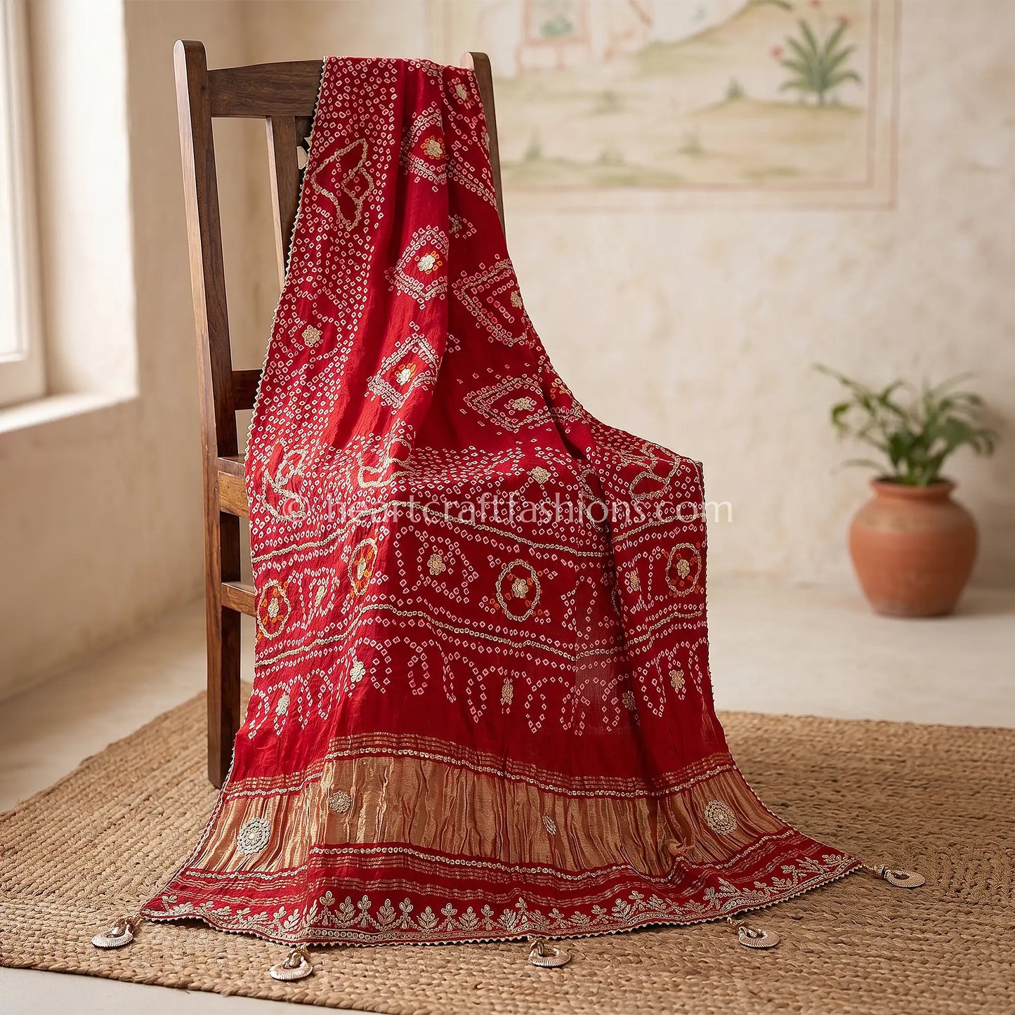Royal Red Pure Gajji Silk Bandhej Handwork Gota Patti Dupatta