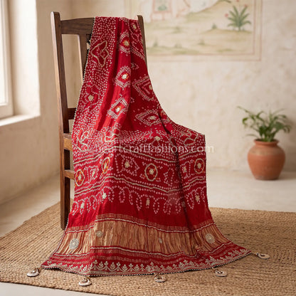 Royal Red Pure Gajji Silk Bandhej Handwork Gota Patti Dupatta