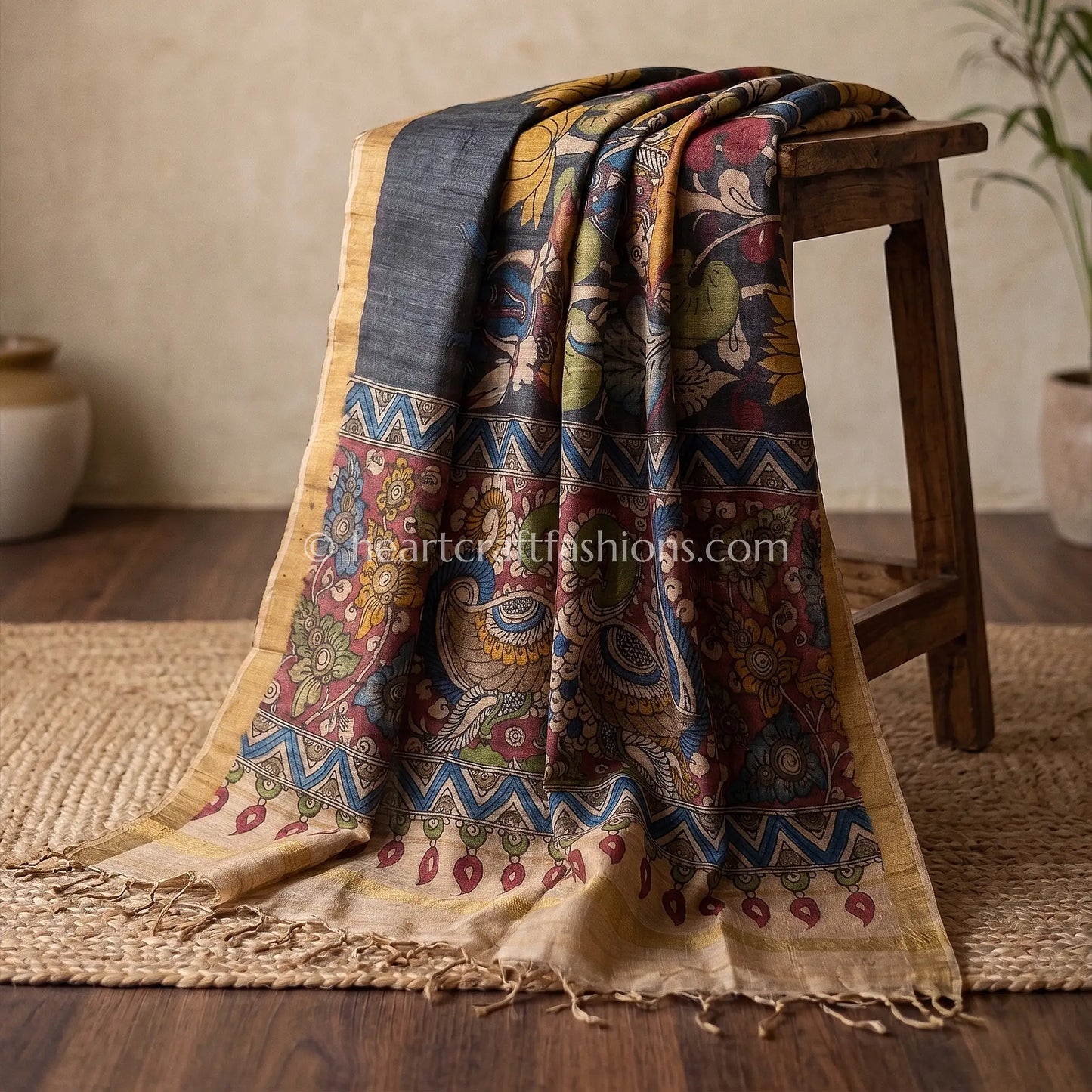 Charcoal Black Tusser Kalamkari Peacock Dupatta
