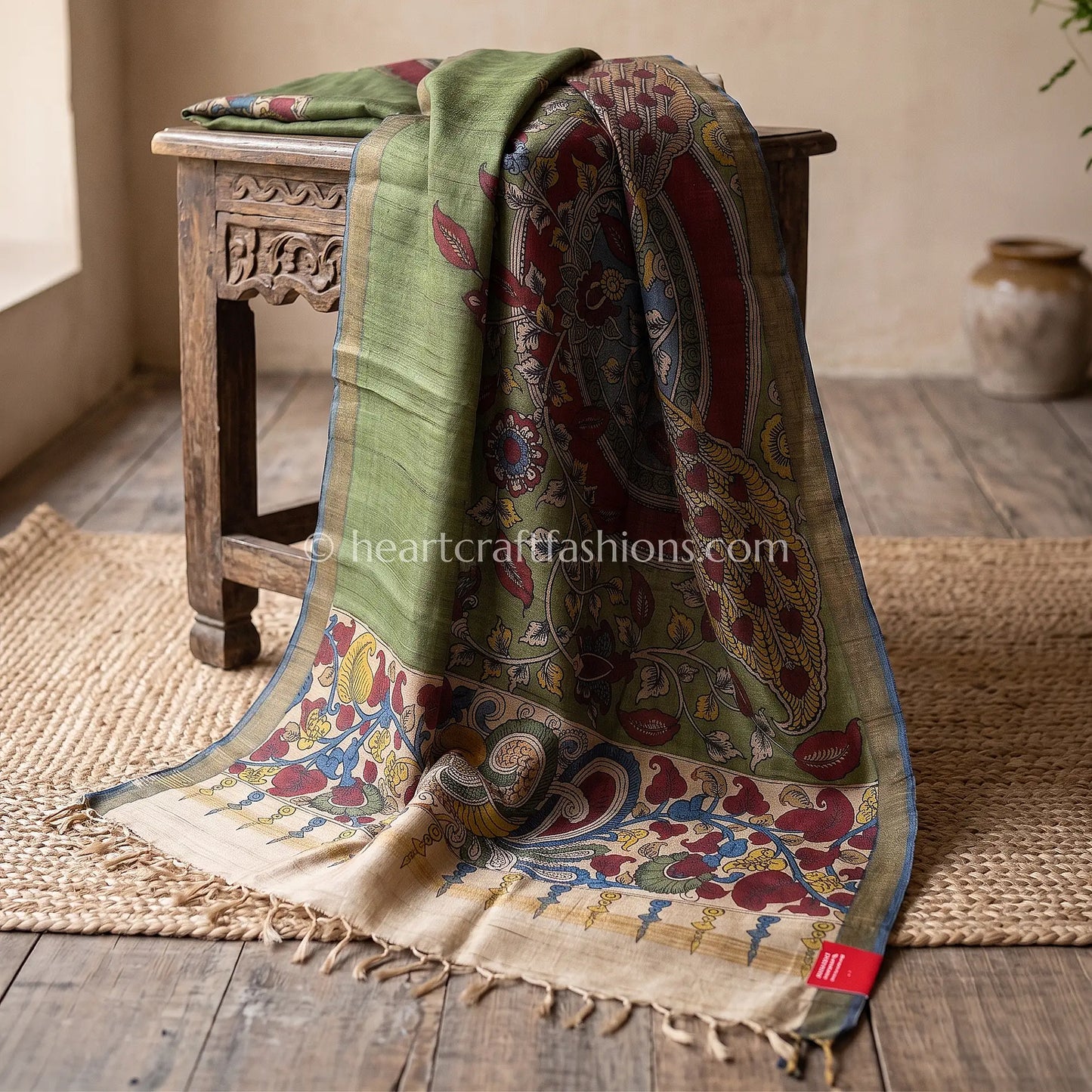 Olive Green Tusser Kalamkari Peacock Circle Dupatta