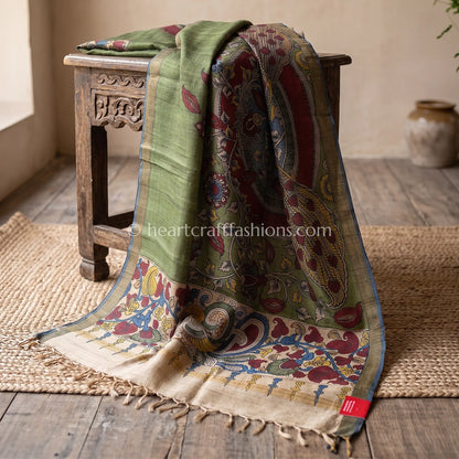 Olive Green Tusser Kalamkari Peacock Circle Dupatta