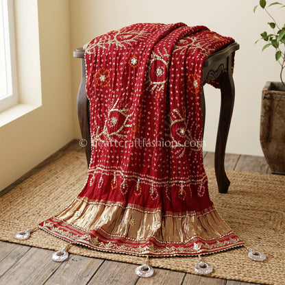 Royal Red Pure Gajji Silk Bandhej Handwork Gota Patti Dupatta