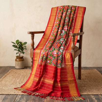 Red & Olive Patola Silk Dupatta