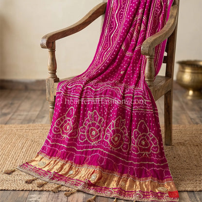 Royal Rani Pink Pure Gajji Silk Bandhej Handwork Gota Patti Dupatta
