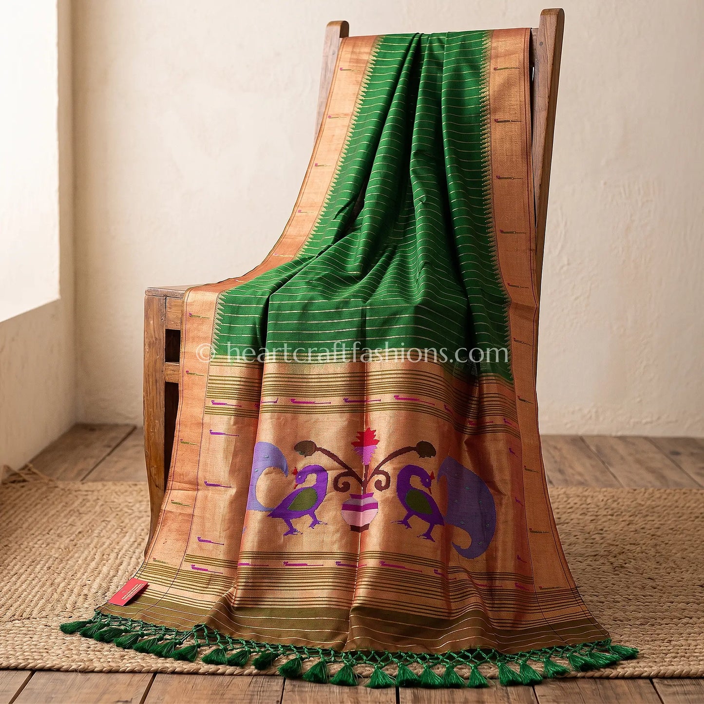 Emerald Green Peacock Detailing Pure Paithani Handloom Silk Dupatta