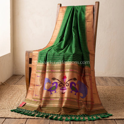 Emerald Green Peacock Detailing Pure Paithani Handloom Silk Dupatta