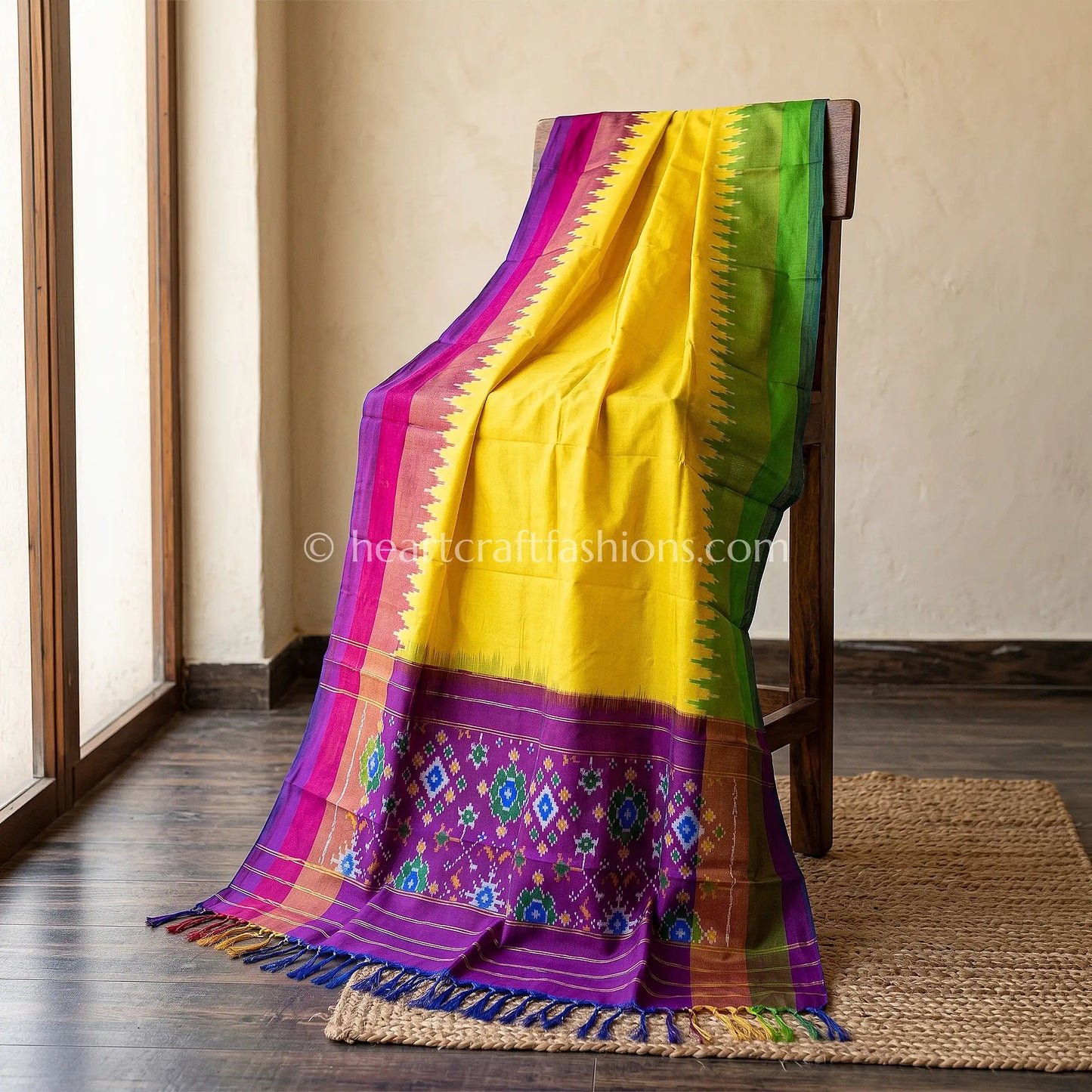 Yellow Patola Silk Dupatta With Ganga-Yamuna Temple Border
