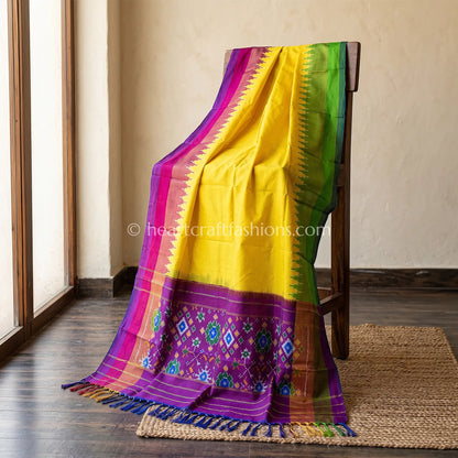 Yellow Patola Silk Dupatta With Ganga-Yamuna Temple Border