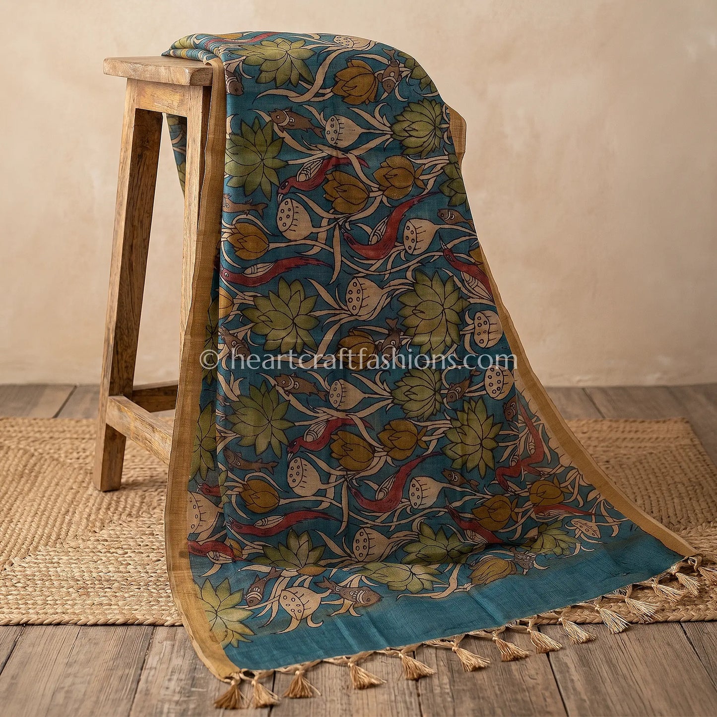 Teal Blue Tusser Kalamkari Dupatta