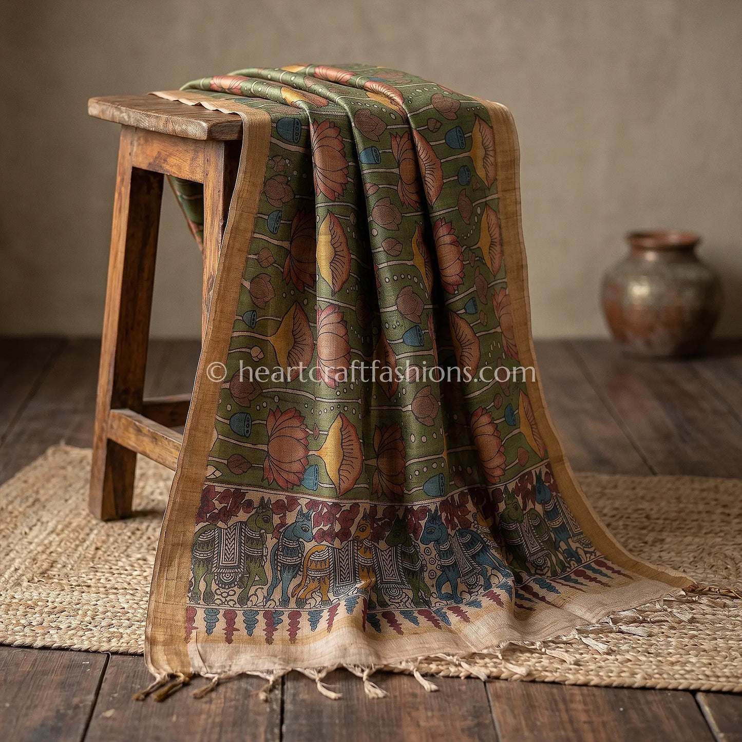 Olive Green Tusser Kalamkari Lotus Dupatta