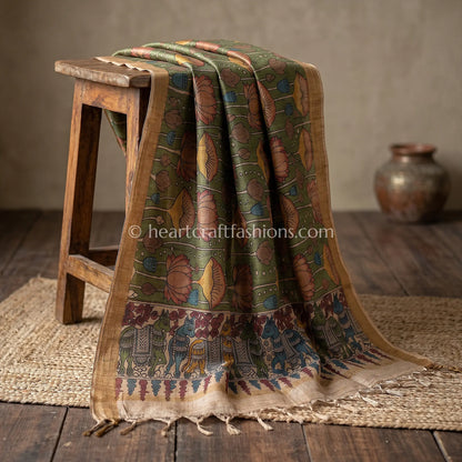 Olive Green Tusser Kalamkari Lotus Dupatta