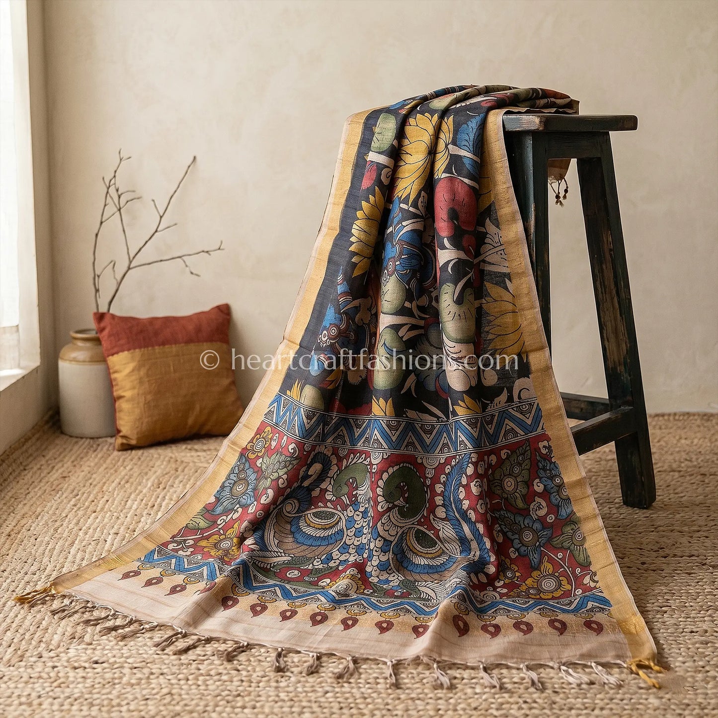 Black Tusser Kalamkari Peacock Pallu Dupatta