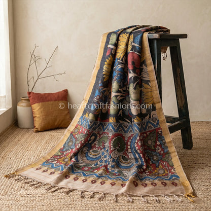 Black Tusser Kalamkari Peacock Pallu Dupatta