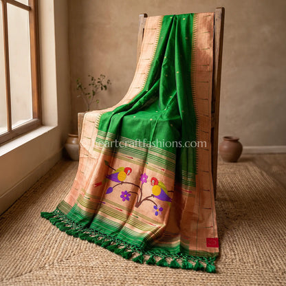 Emerald Green Pure Paithani Handloom Silk Dupatta