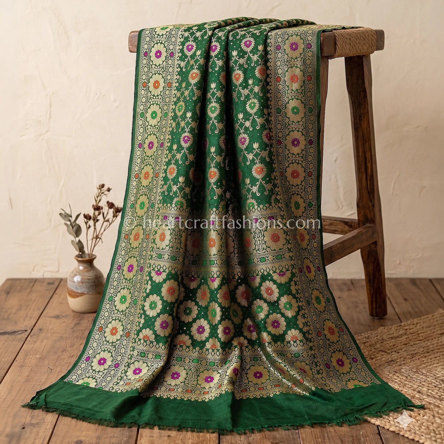 Bottle Green Khadi Georgette Meenakari Dupatta