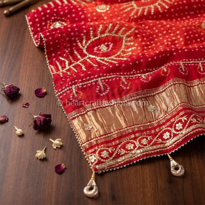 Red Orange Chundari Pure Gajji Silk Bandhej Handwork Gota Patti Dupatta
