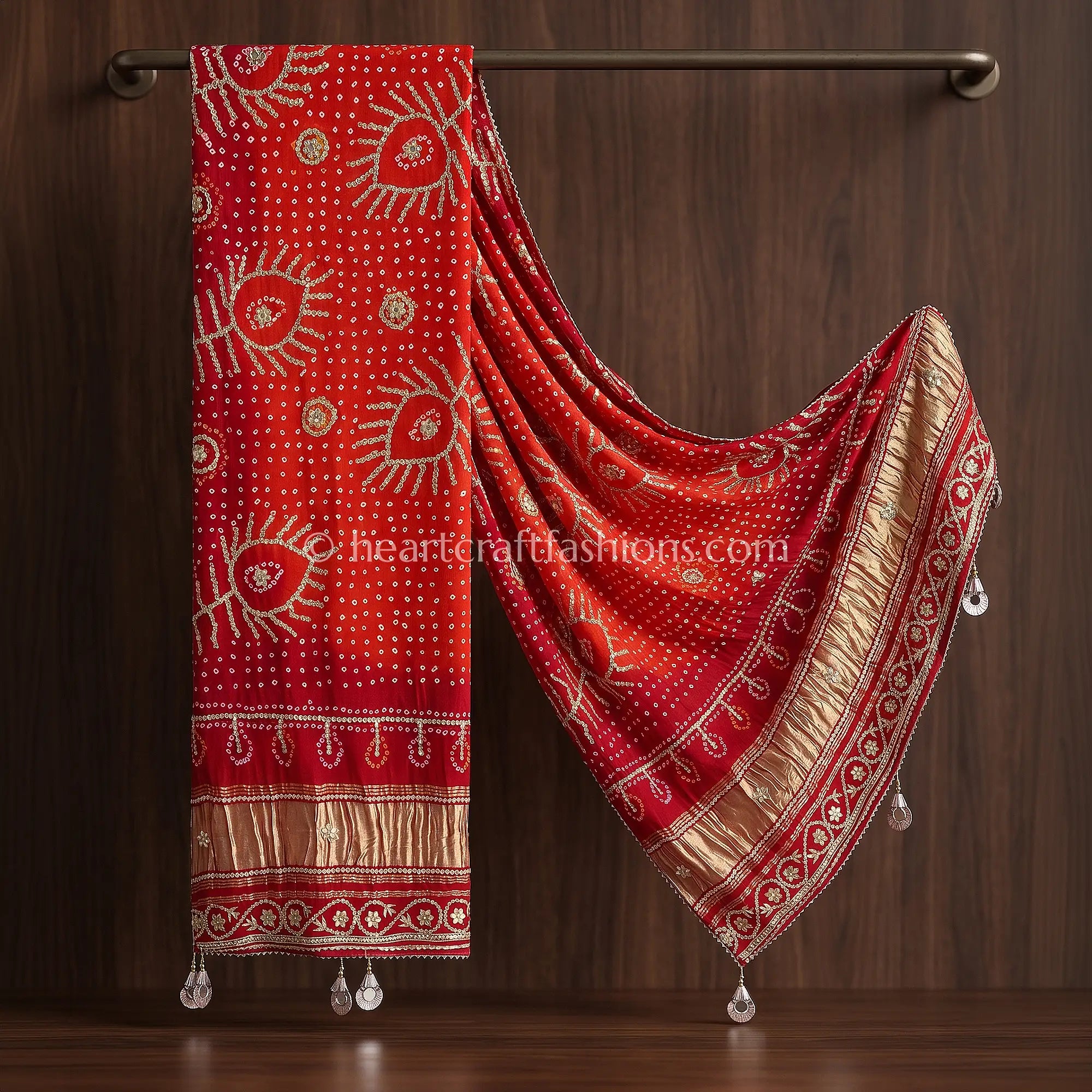 Red Orange Chundari Pure Gajji Silk Bandhej Handwork Gota Patti Dupatta