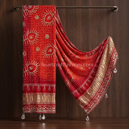 Red Orange Chundari Pure Gajji Silk Bandhej Handwork Gota Patti Dupatta
