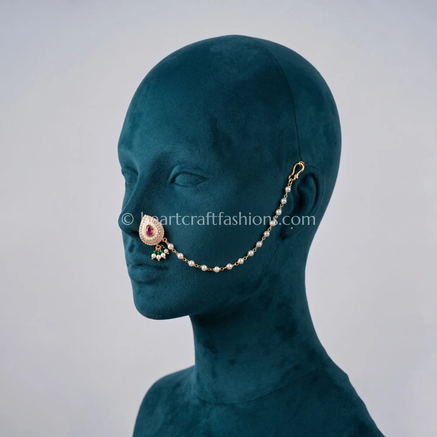 Ruby Core Teardrop Pearl Kundan Nath with Chain