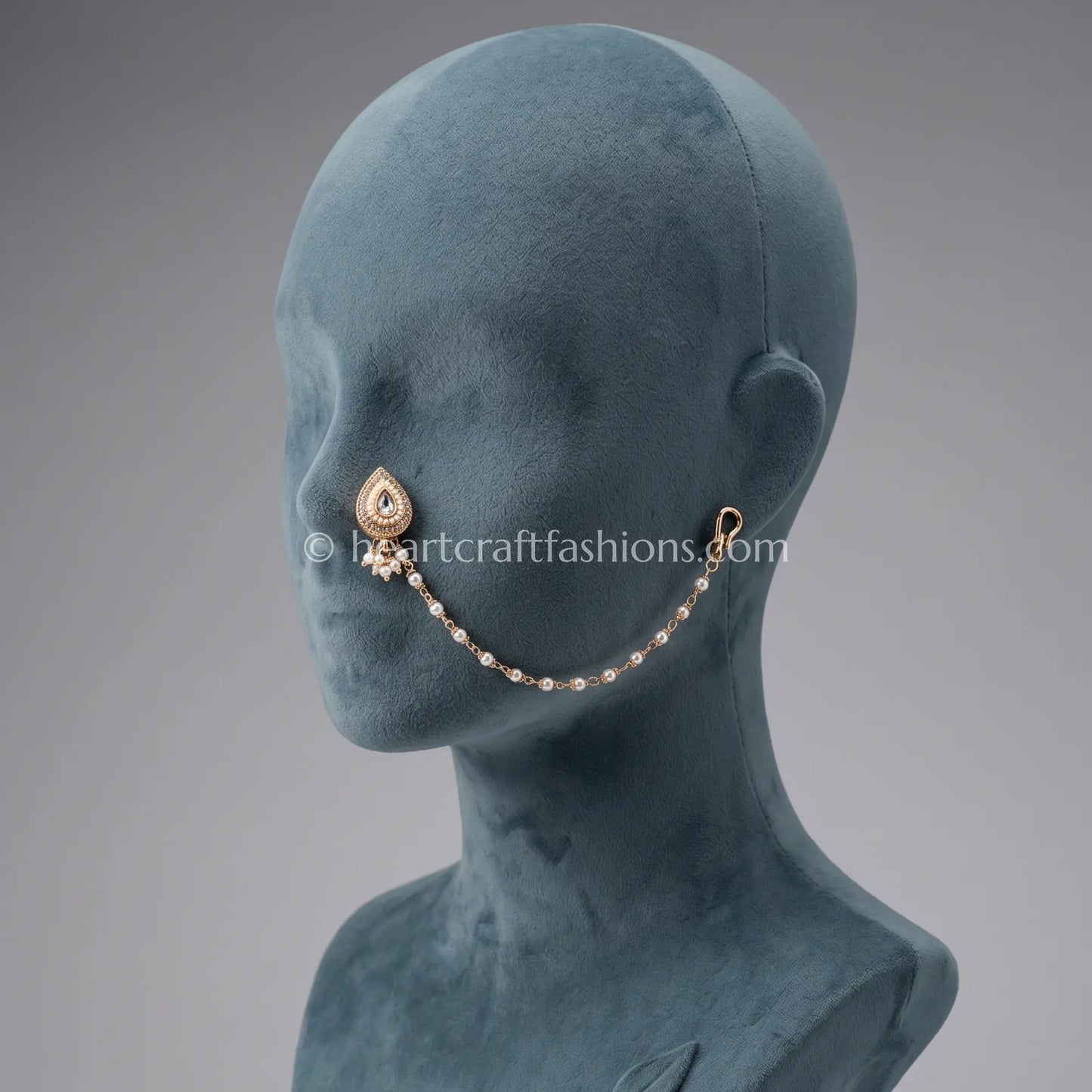 Solitaire Clear Teardrop Pearl Kundan Nath with Chain