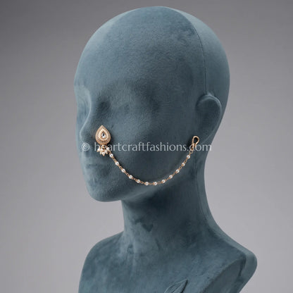Solitaire Clear Teardrop Pearl Kundan Nath with Chain