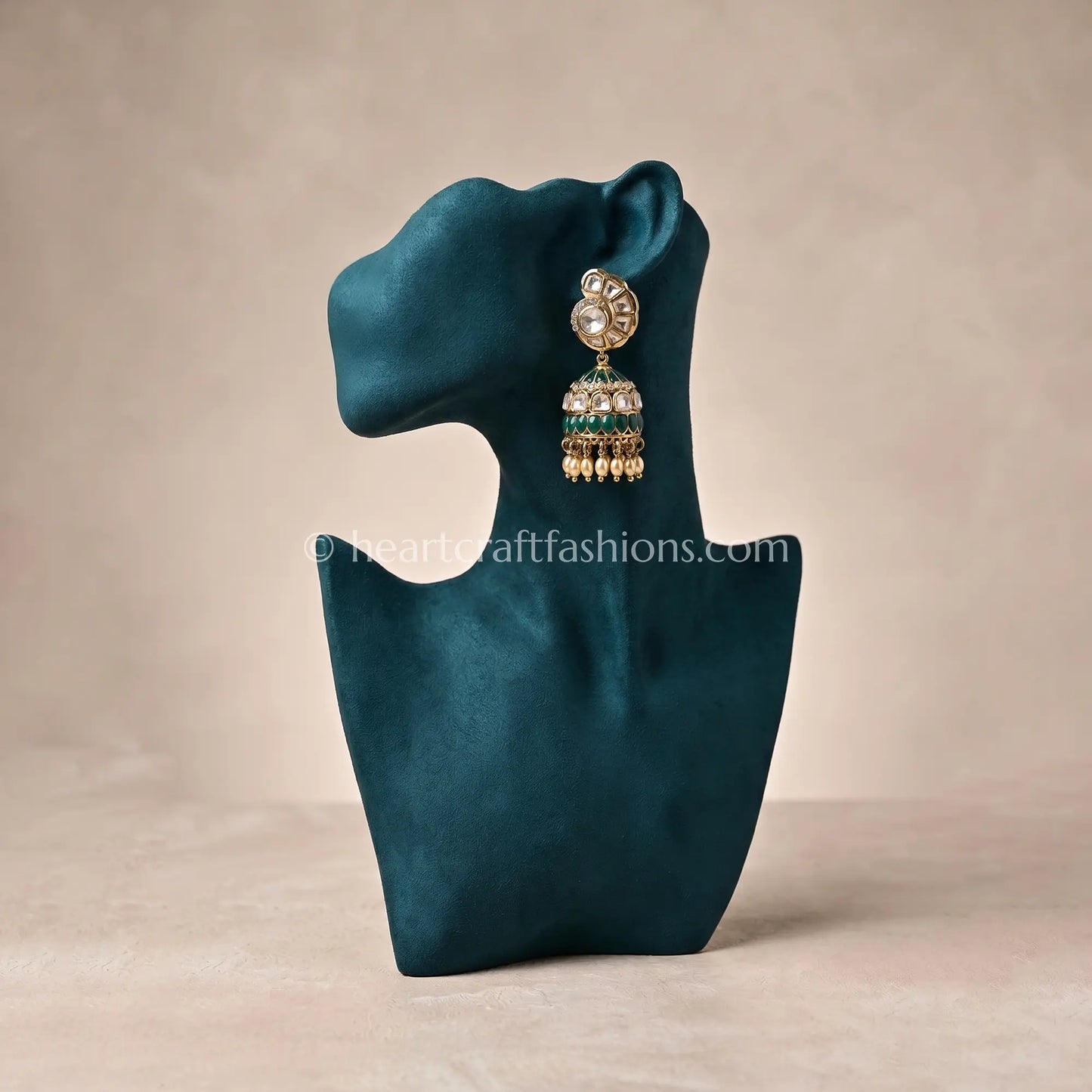 Morni Emerald Sunehri Kundan Jhumka Earrings