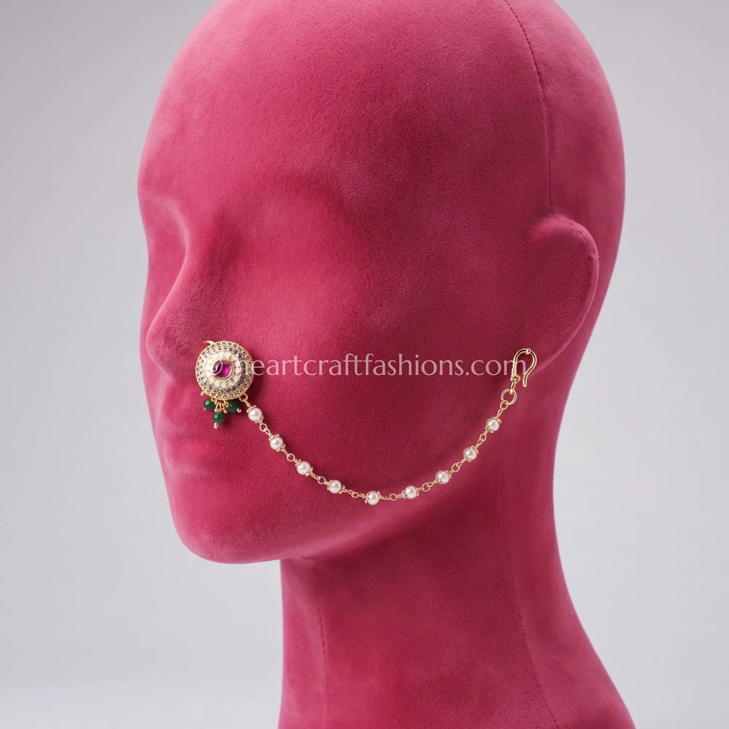 Ruby Core Round Medallion Pearl Nath with Chain