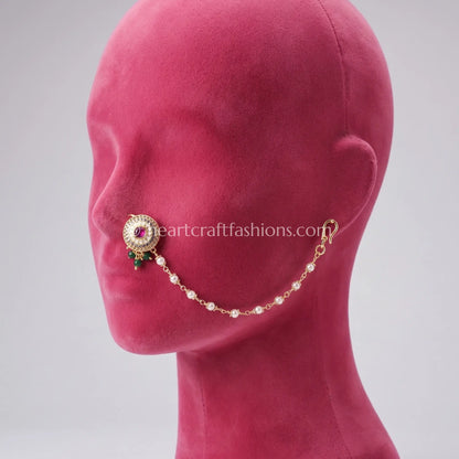 Ruby Core Round Medallion Pearl Nath with Chain