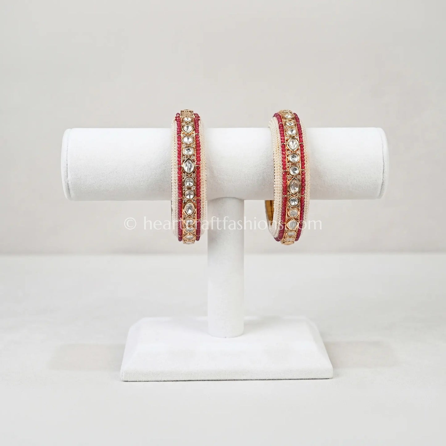 Ruby Pink Sunehri Kundan Pearl Bangles