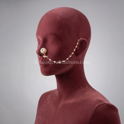 Full Clear CZ Round Medallion Pearl Nath with Chain