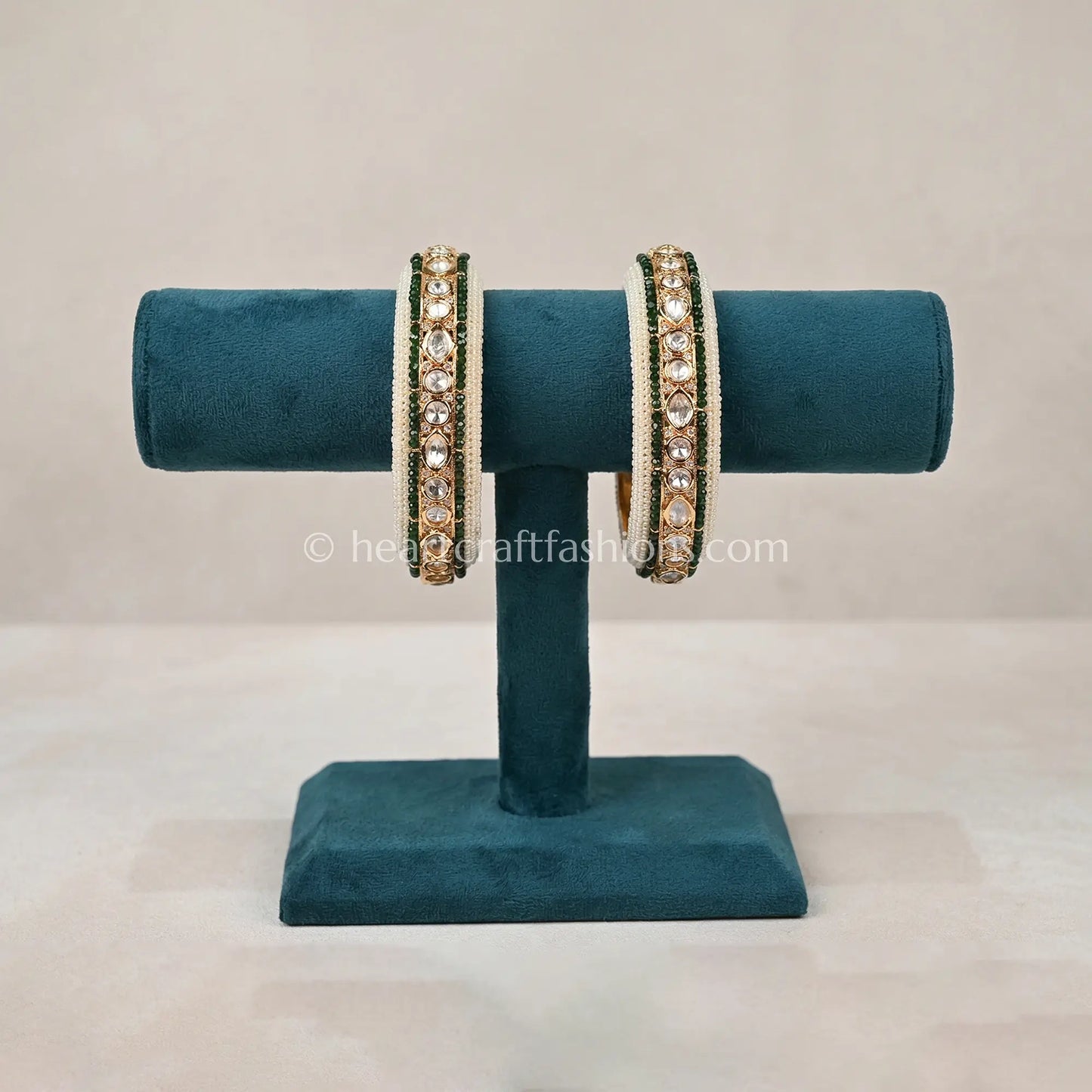 Emerald Green Sunehri Kundan Pearl Bangles