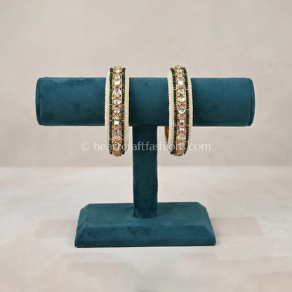 Emerald Green Sunehri Kundan Pearl Bangles