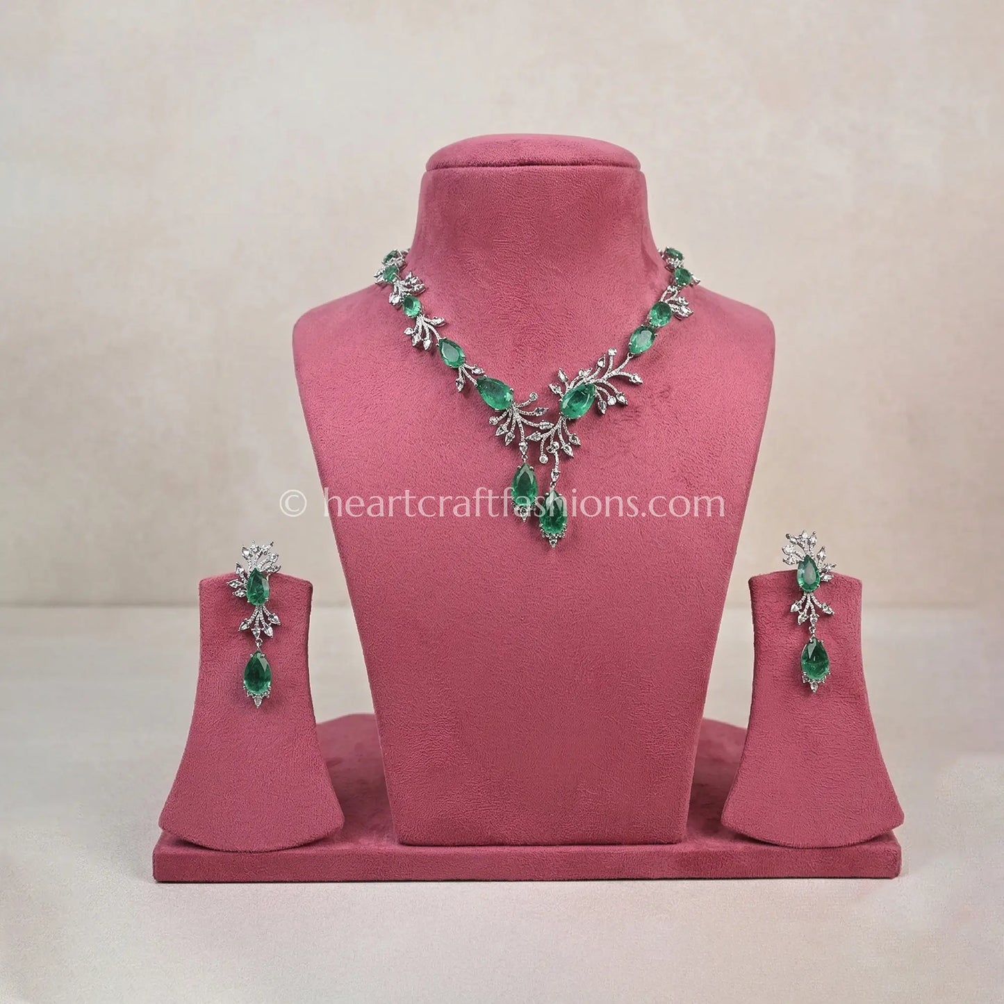 Emerald Leaf Vine Asymmetric Y-Necklace Set