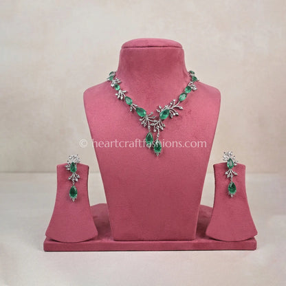 Emerald Leaf Vine Asymmetric Y-Necklace Set