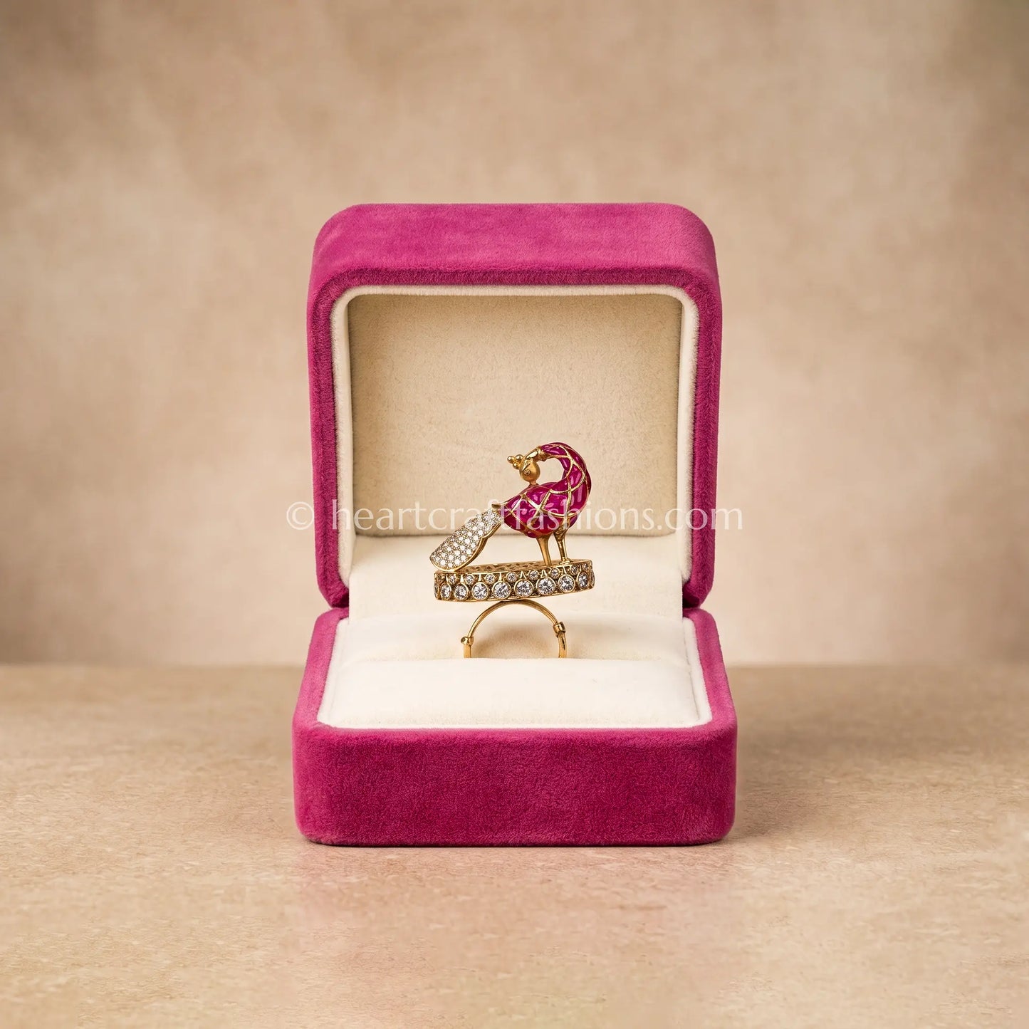 Sunehri Kundan Ruby Peacock Ring