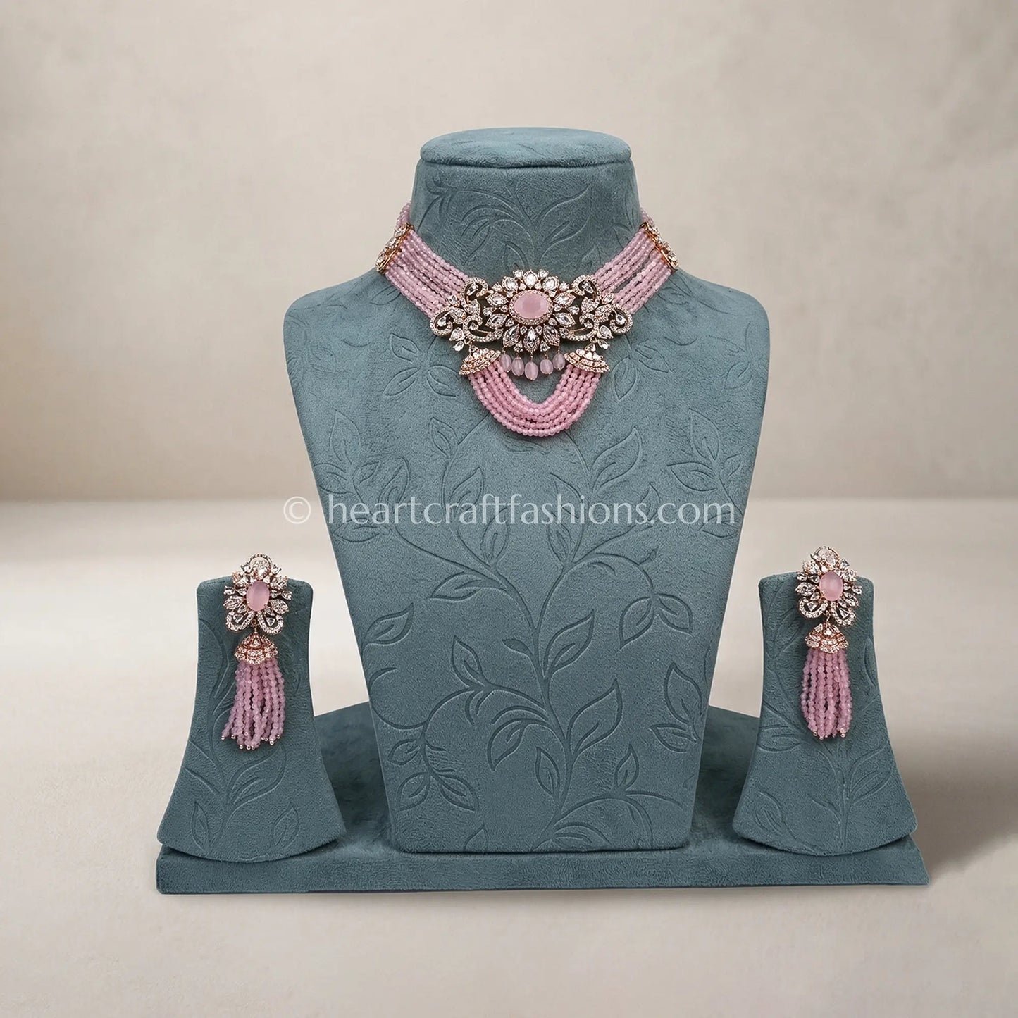 Rose Pink Beaded Choker with Floral Medallion