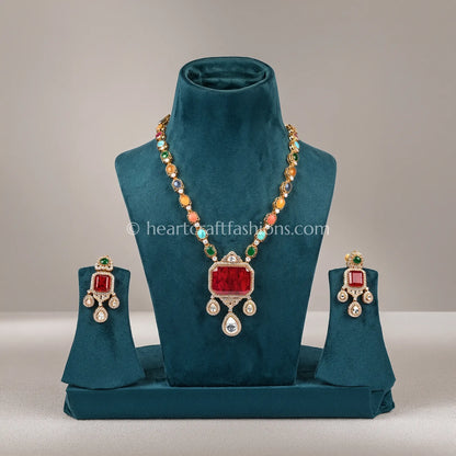 Vibrant Moissanite Polki Navratna Doublet Necklace