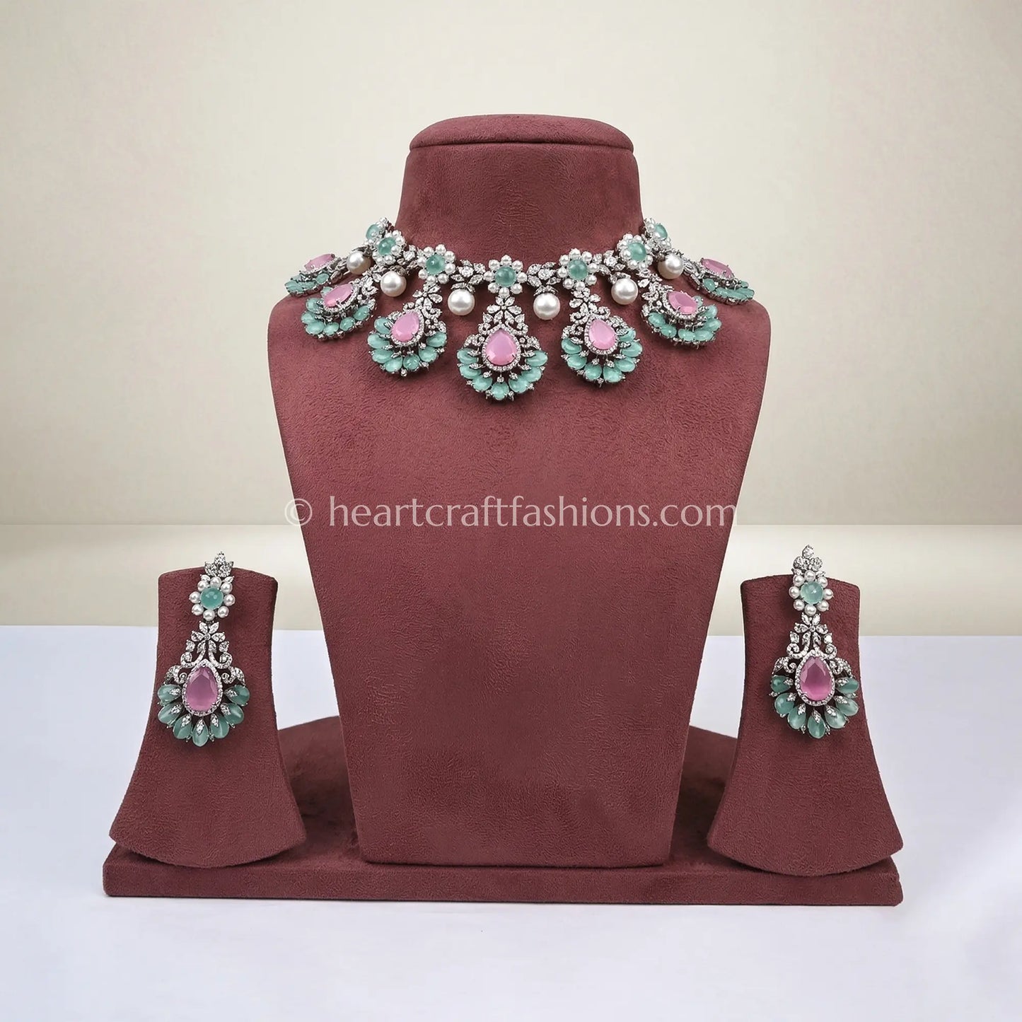 Pastel Pink & Mint Green Royal Kundan-Zircon Choker Set
