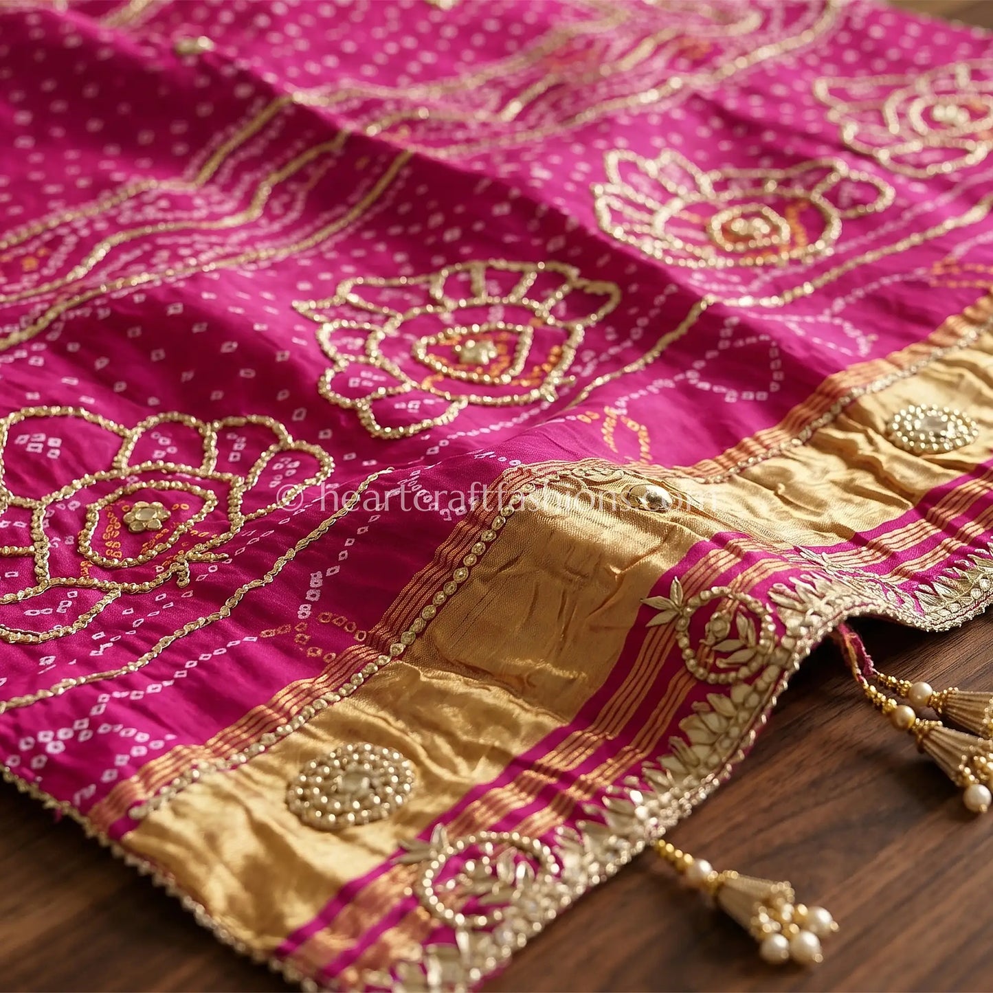 Royal Rani Pink Pure Gajji Silk Bandhej Handwork Gota Patti Dupatta