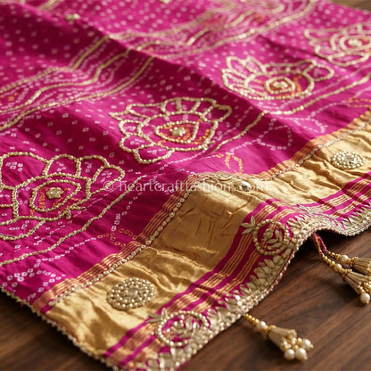 Royal Rani Pink Pure Gajji Silk Bandhej Handwork Gota Patti Dupatta