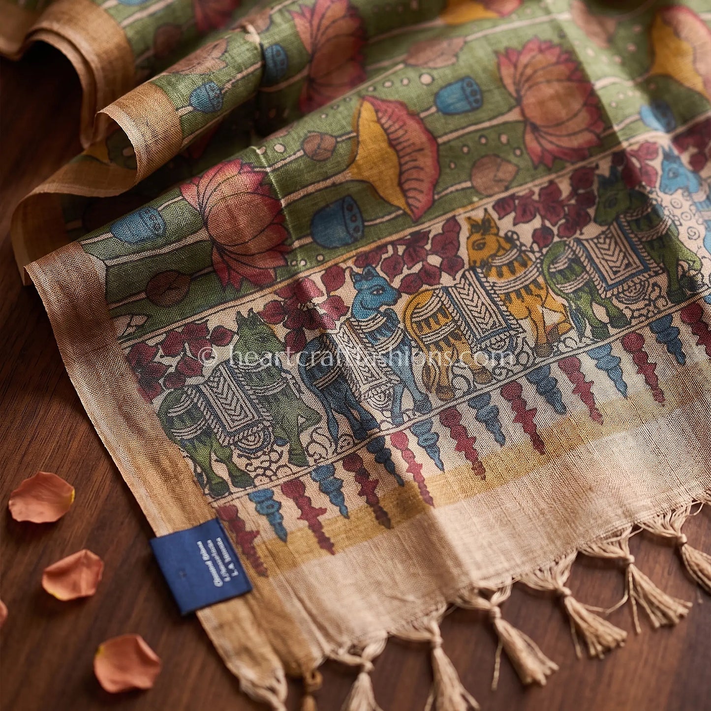 Olive Green Tusser Kalamkari Lotus Dupatta