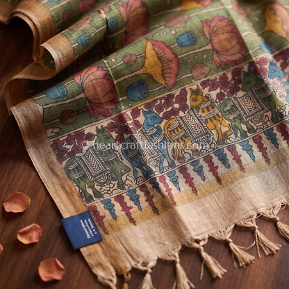 Olive Green Tusser Kalamkari Lotus Dupatta