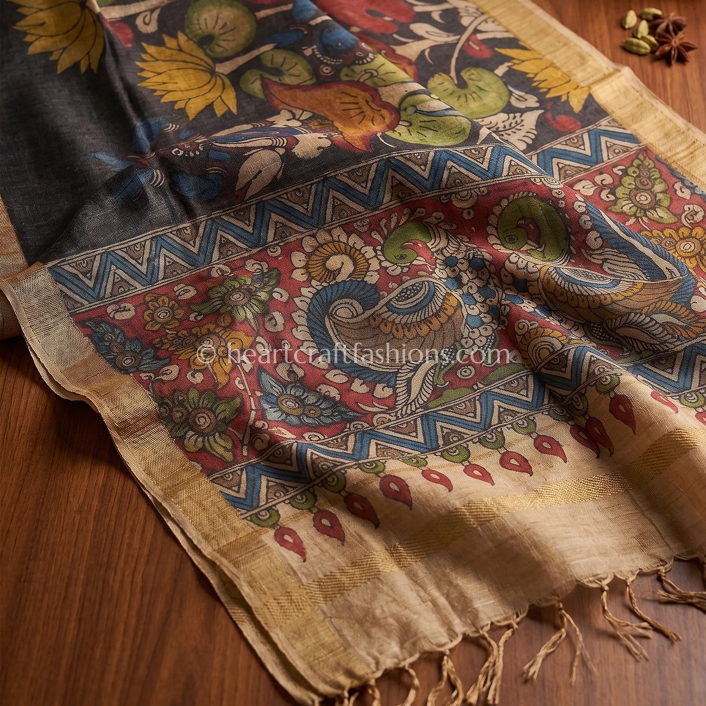 Charcoal Black Tusser Kalamkari Peacock Dupatta