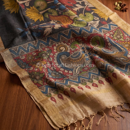 Charcoal Black Tusser Kalamkari Peacock Dupatta