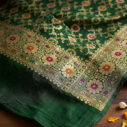 Bottle Green Khadi Georgette Meenakari Dupatta