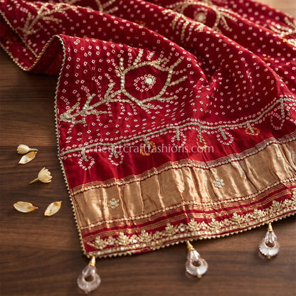 Royal Red Pure Gajji Silk Bandhej Handwork Gota Patti Dupatta